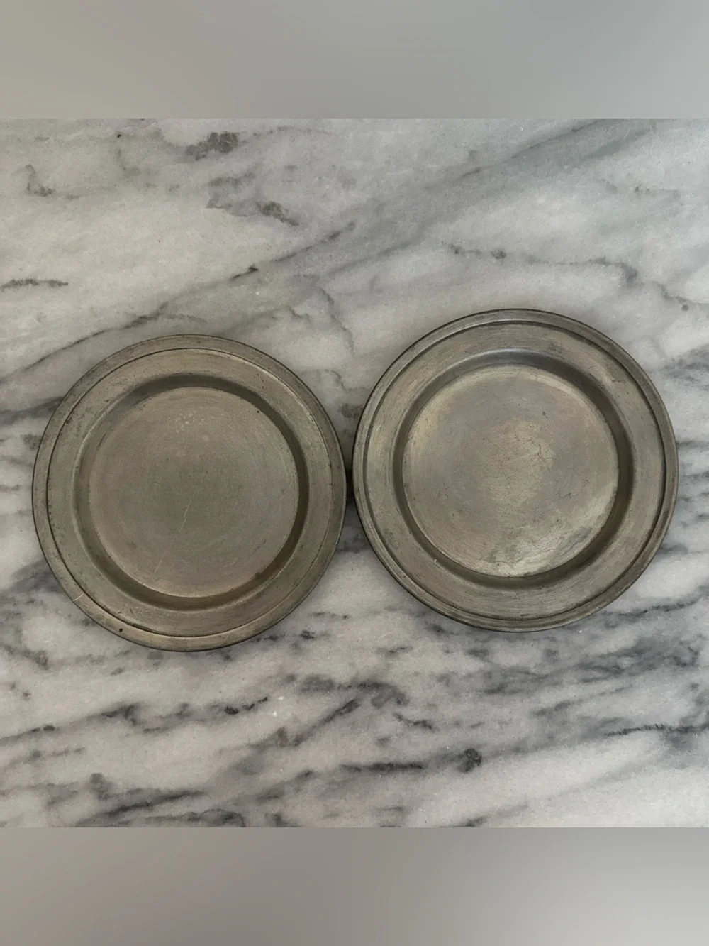 Vintage set of two pewter wine bottle coasters -distressed